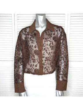 Jason Wu Brown Floral Embroidered Mesh Lace Button Up Shirt S Sheer Cropped Boxy
